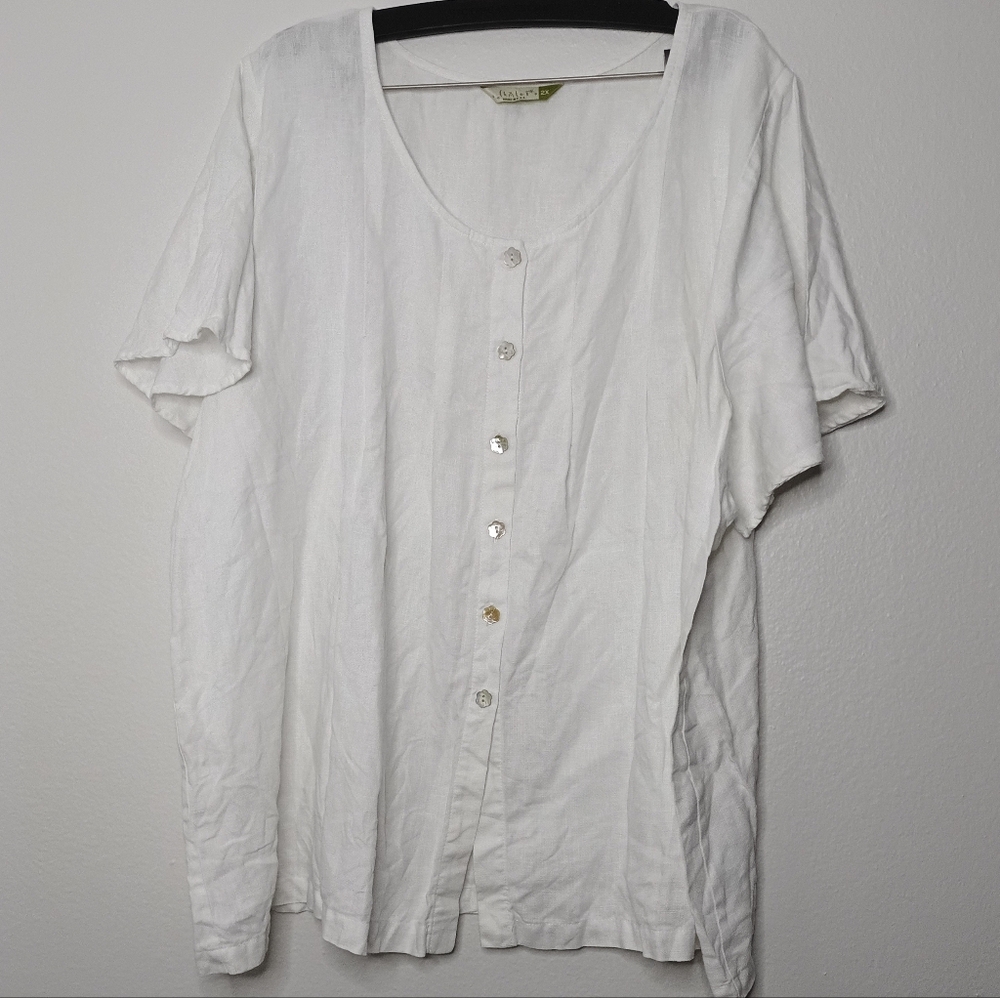 Chalet White Button-Up Blouse 100% Linen Boho Lagenlook Minimalist